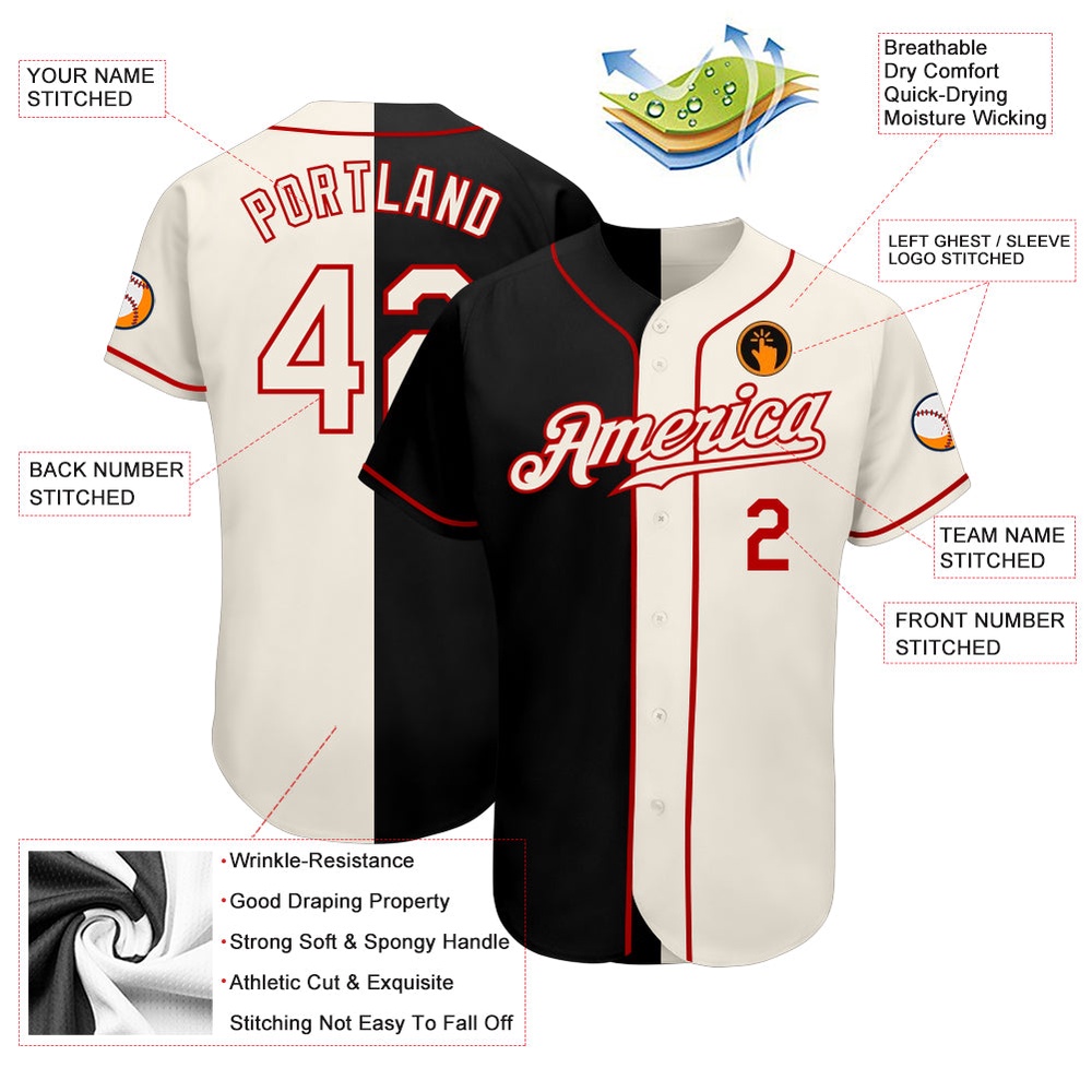 Black Cream-Red Authentic Split Fashion Baseball Jersey, Custom Baseball Jersey, Personalized Sport Jersey