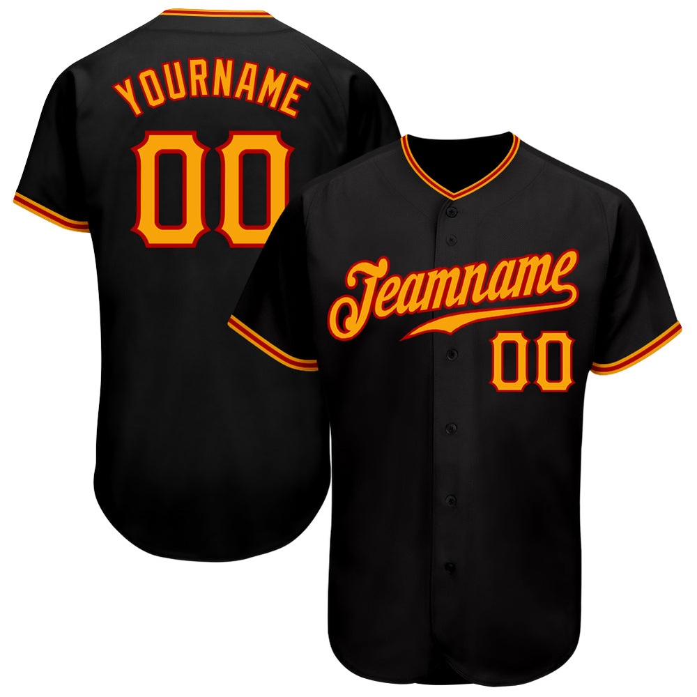 Black Gold-Red Authentic Baseball Jersey, Custom Baseball Jersey, Personalized Sport Jersey