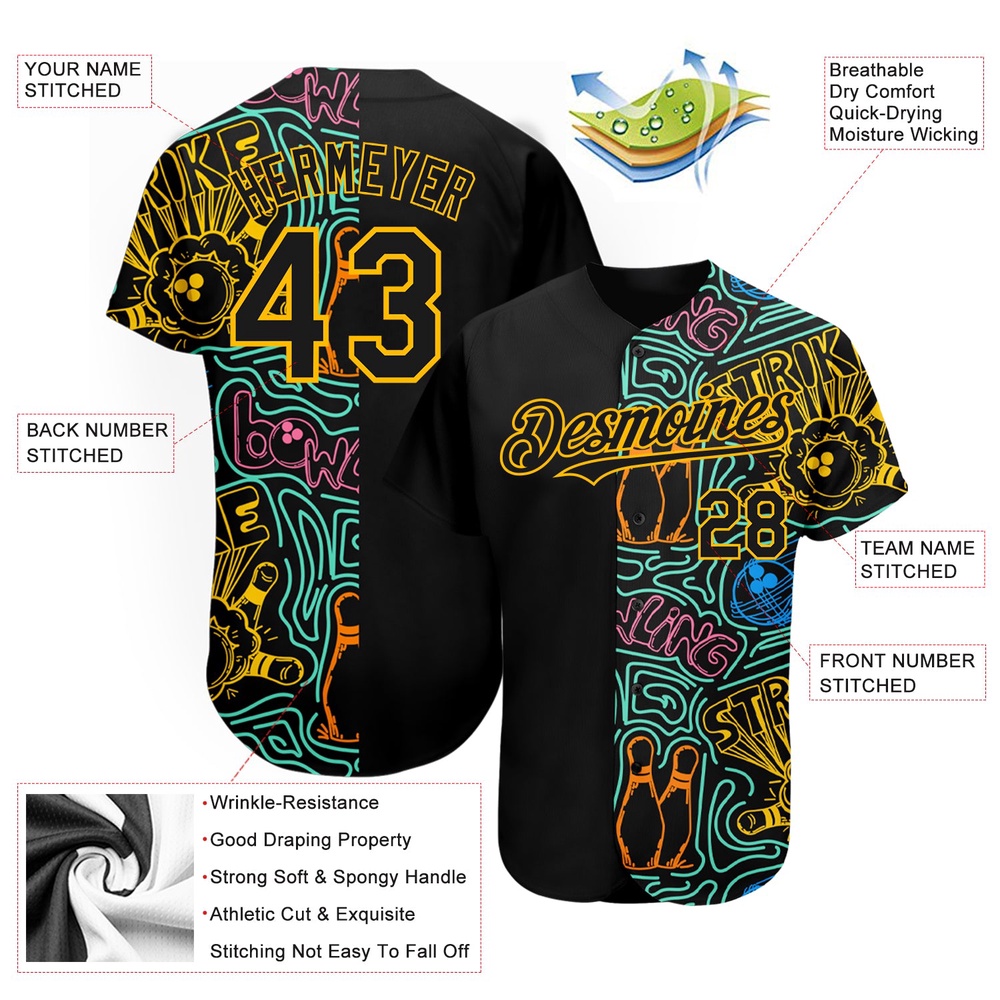 Black Gold 3D Pattern Design Bowling Authentic Baseball Jersey, Custom Baseball Jersey, Personalized Sport Jersey