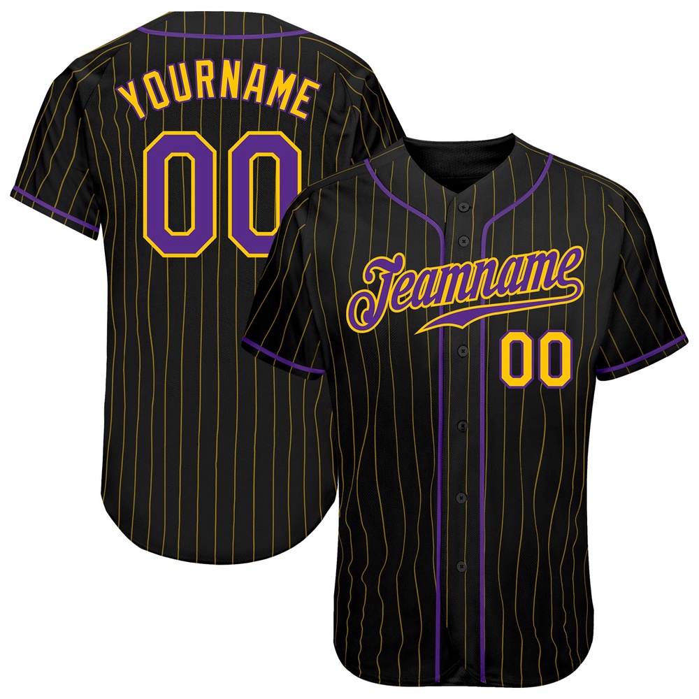 Black Gold Pinstripe Purple-Gold Authentic Baseball Jersey, Custom Baseball Jersey, Personalized Sport Jersey