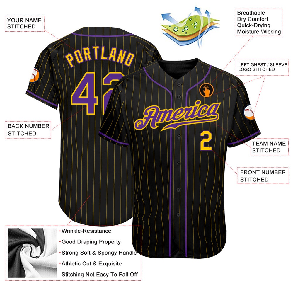 Black Gold Pinstripe Purple-Gold Authentic Baseball Jersey, Custom Baseball Jersey, Personalized Sport Jersey