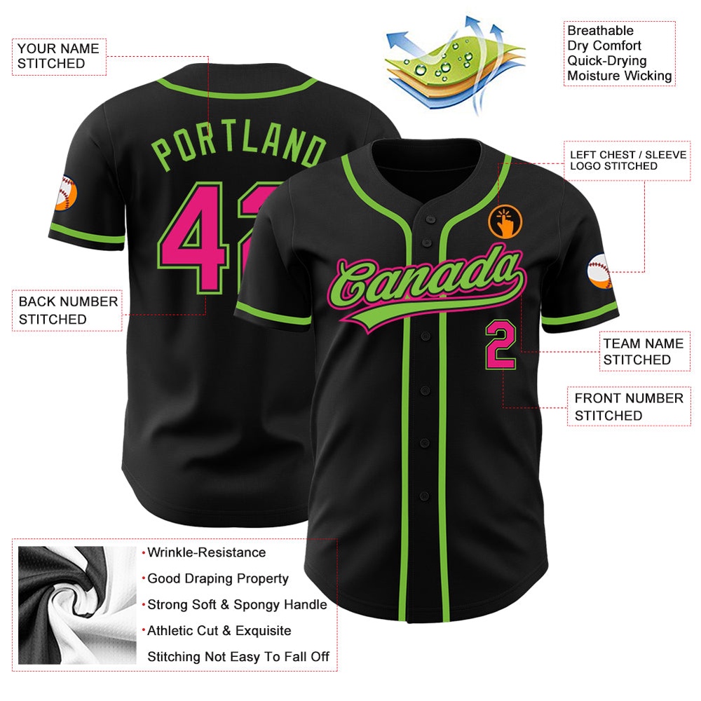 Black Hot Pink-Neon Green Authentic Baseball Jersey, Custom Baseball Jersey, Personalized Sport Jersey