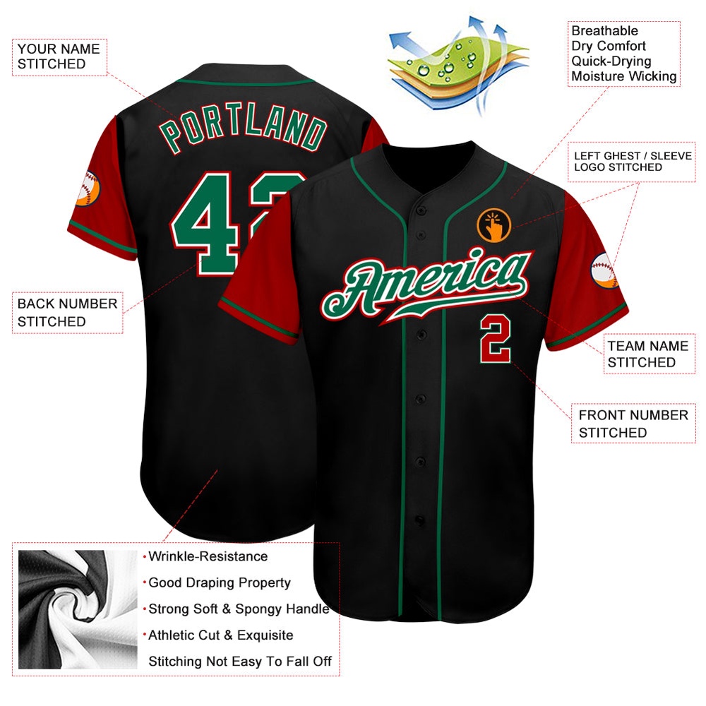 Black Kelly Green-Red Authentic Two Tone Baseball Jersey, Custom Baseball Jersey, Personalized Sport Jersey