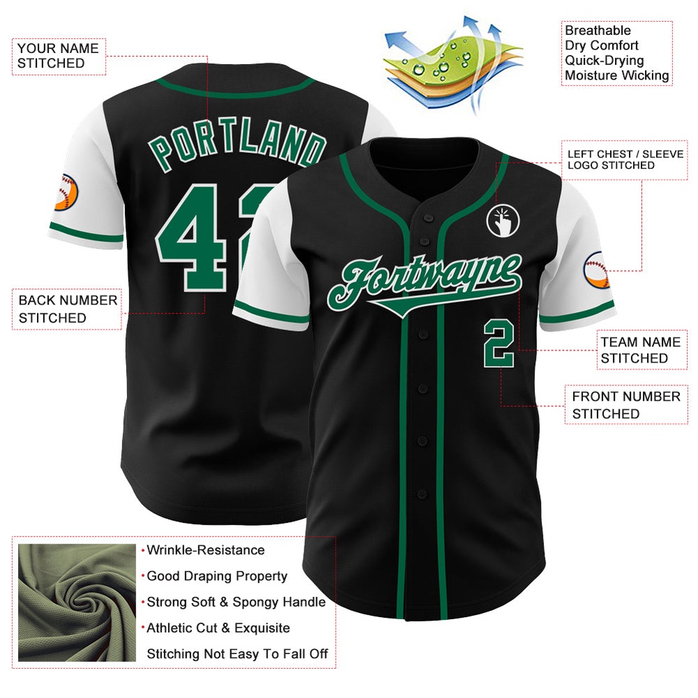 Black Kelly Green-White Authentic Two Tone Baseball Jersey, Custom Baseball Jersey, Personalized Sport Jersey