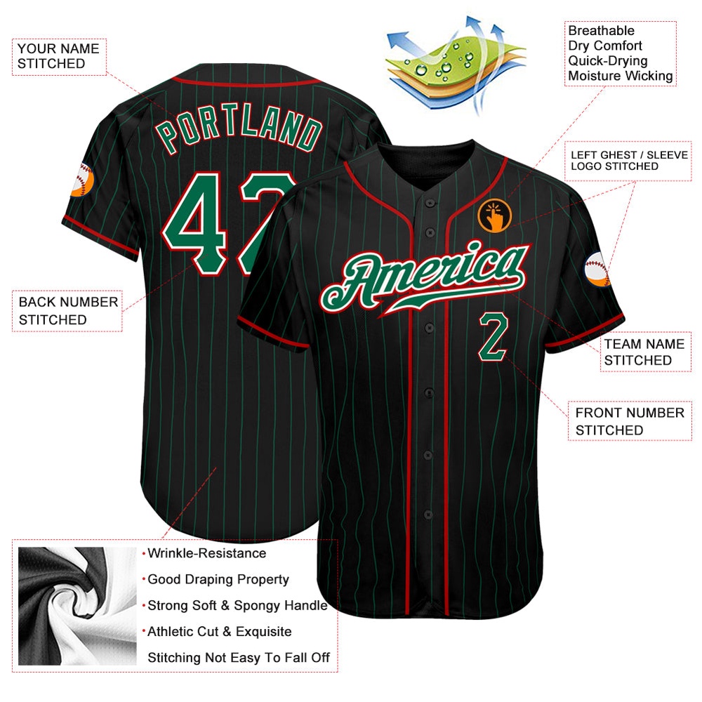 Black Kelly Green Pinstripe Kelly Green-Red Authentic Baseball Jersey, Custom Baseball Jersey, Personalized Sport Jersey