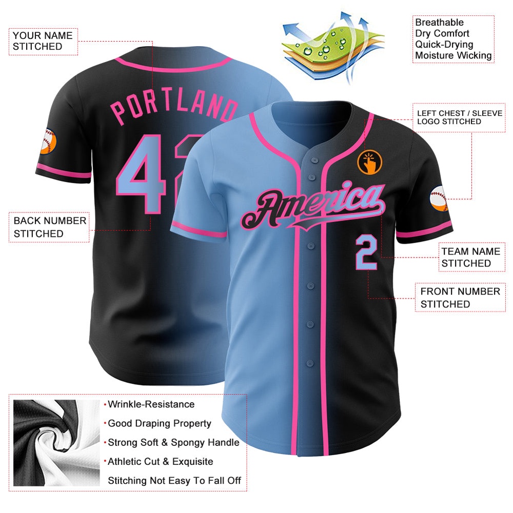 Black Light Blue-Pink Authentic Gradient Fashion Baseball Jersey, Custom Baseball Jersey, Personalized Sport Jersey