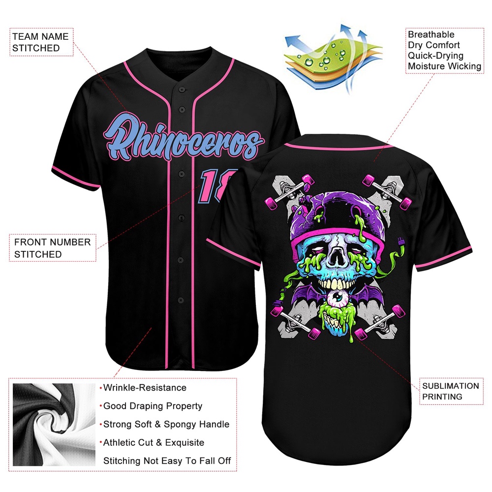 Black Light Blue-Pink Authentic Skull Fashion Baseball Jersey, Custom Baseball Jersey, Personalized Sport Jersey