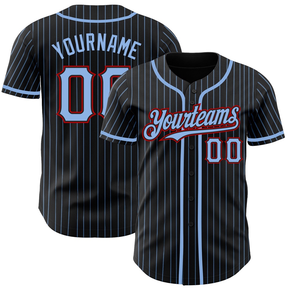 Black Light Blue Pinstripe Red Authentic Baseball Jersey, Custom Baseball Jersey, Personalized Sport Jersey