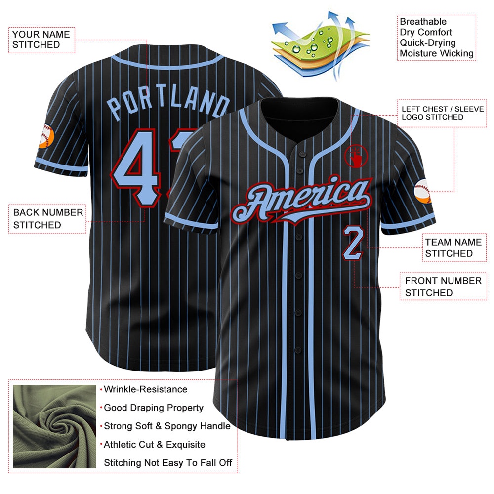 Black Light Blue Pinstripe Red Authentic Baseball Jersey, Custom Baseball Jersey, Personalized Sport Jersey