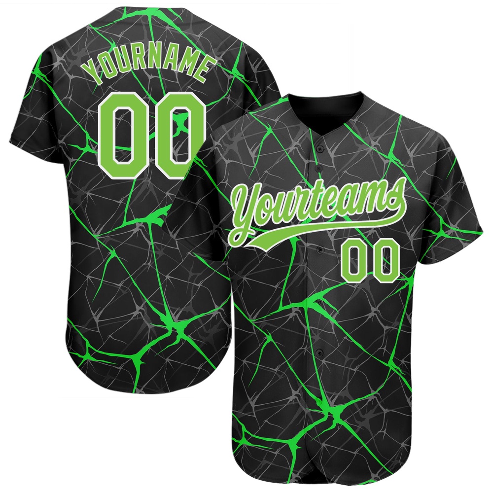 Black Neon Green-White 3D Pattern Design Authentic Baseball Jersey, Custom Baseball Jersey, Personalized Sport Jersey