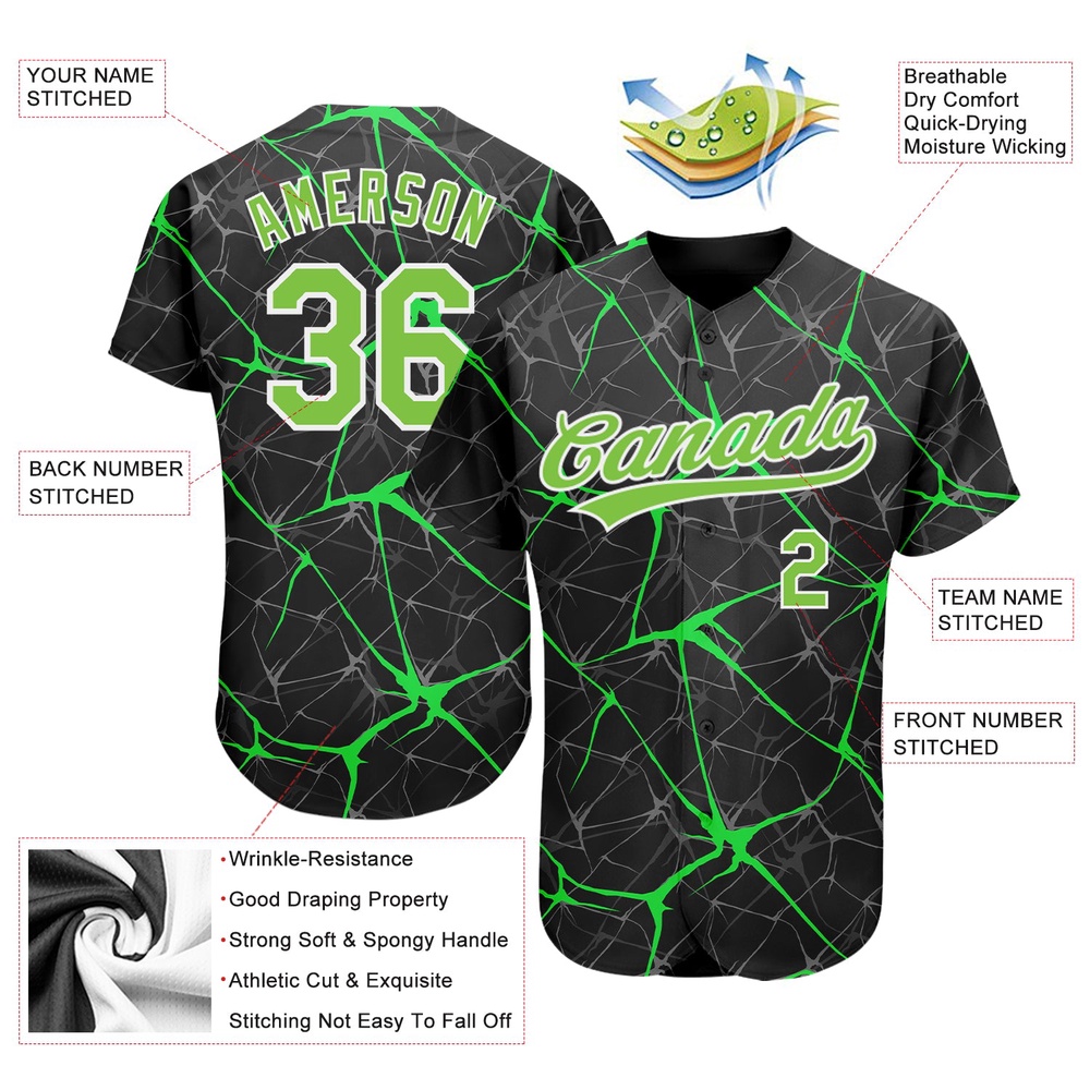 Black Neon Green-White 3D Pattern Design Authentic Baseball Jersey, Custom Baseball Jersey, Personalized Sport Jersey