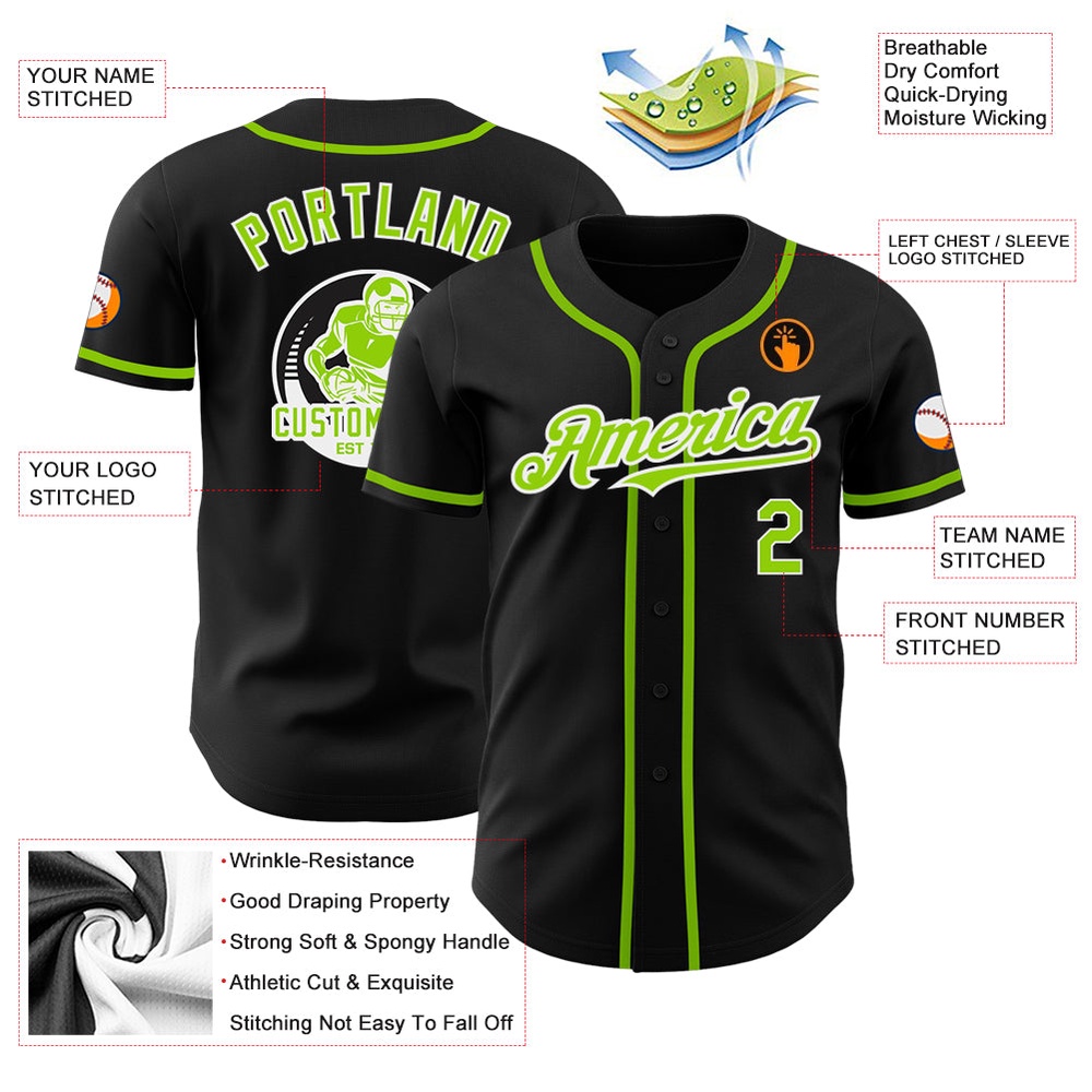 Black Neon Green-White Authentic Baseball Jersey, Custom Baseball Jersey, Personalized Sport Jersey Black Neon Green-White Authentic Baseball Jersey, Custom Baseball Jersey, Personalized Sport Jersey