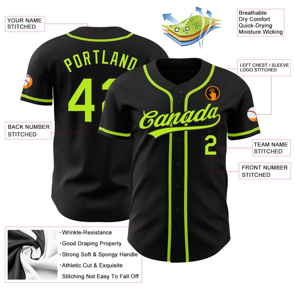 Black Neon Green Authentic Baseball Jersey, Custom Baseball Jersey, Personalized Sport Jersey