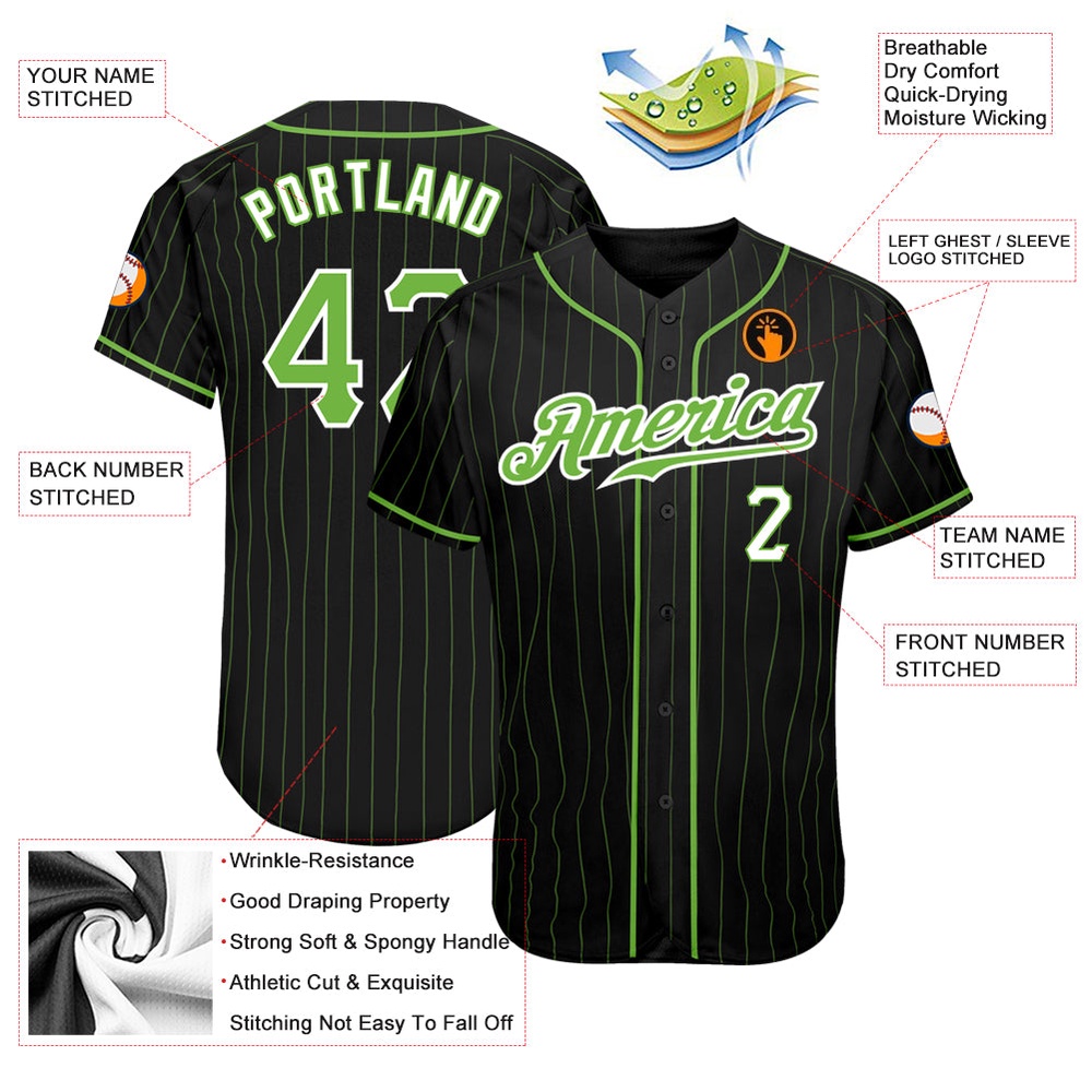 Black Neon Green Pinstripe Neon Green-White Authentic Baseball Jersey, Custom Baseball Jersey, Personalized Sport Jersey