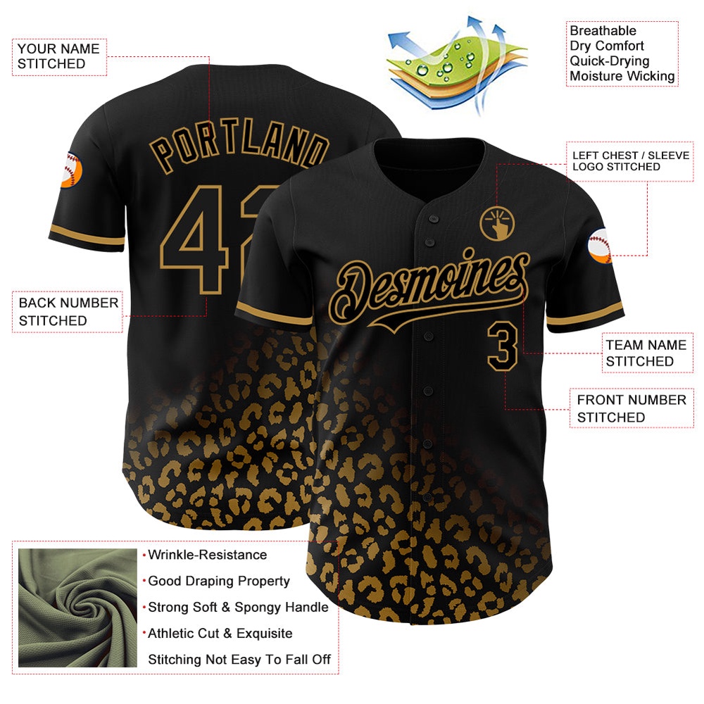 Black Old Gold 3D Pattern Design Leopard Print Fade Fashion Authentic Baseball Jersey, Custom Baseball Jersey, Personalized Sport Jersey