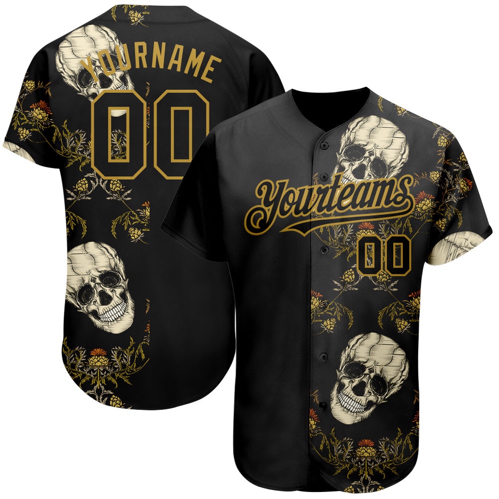Black Old Gold 3D Plant And Skull Fashion Authentic Baseball Jersey, Custom Baseball Jersey, Personalized Sport Jersey Black Old Gold 3D Plant And Skull Fashion Authentic Baseball Jersey, Custom Baseball Jersey, Personalized Sport Jersey