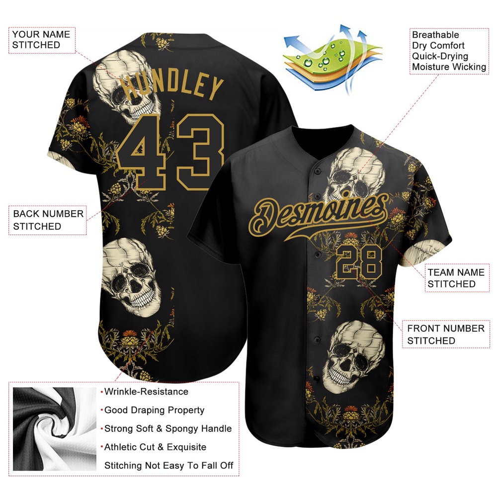 Black Old Gold 3D Plant And Skull Fashion Authentic Baseball Jersey, Custom Baseball Jersey, Personalized Sport Jersey Black Old Gold 3D Plant And Skull Fashion Authentic Baseball Jersey, Custom Baseball Jersey, Personalized Sport Jersey
