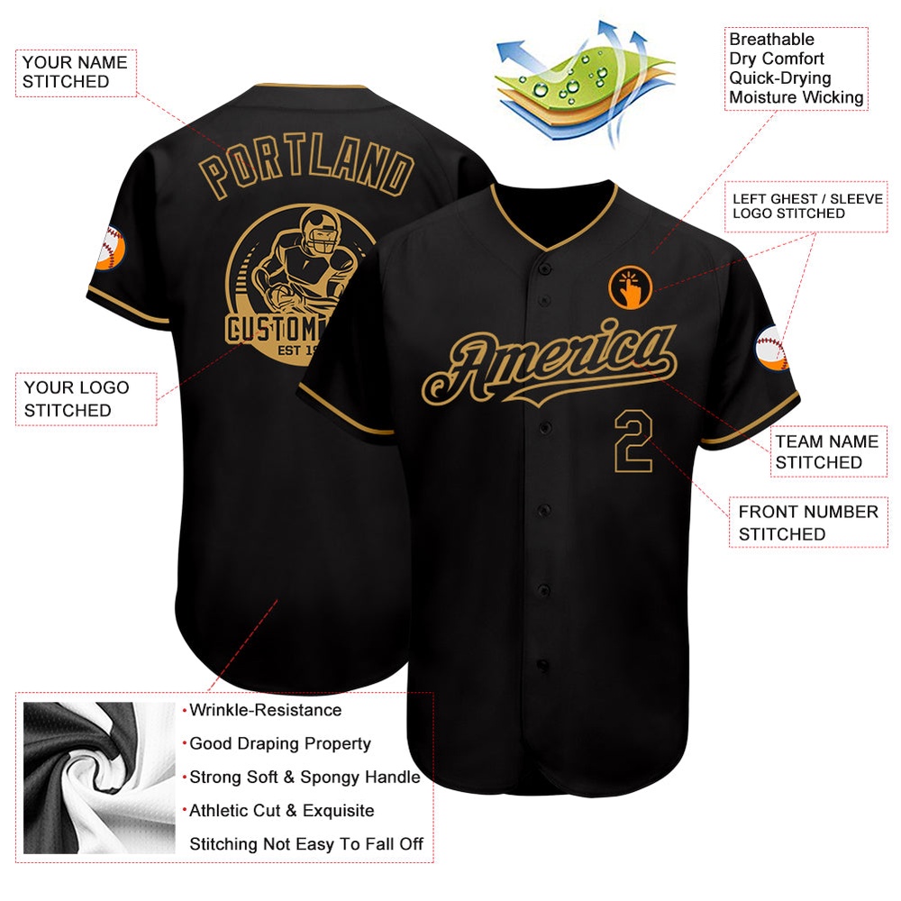 Black Old Gold Authentic Baseball Jersey, Custom Baseball Jersey, Personalized Sport Jersey