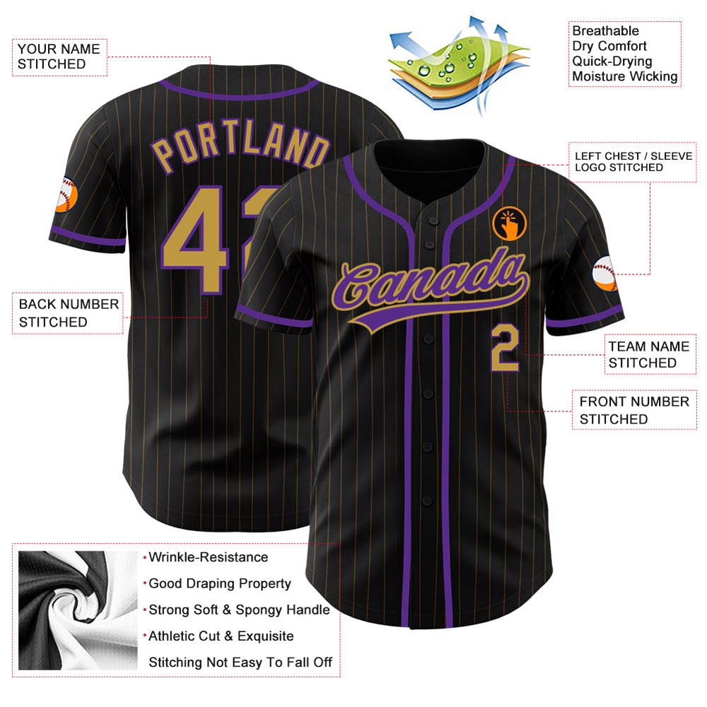 Black Old Gold Pinstripe Old Gold-Purple Authentic Baseball Jersey, Custom Baseball Jersey, Personalized Sport Jersey