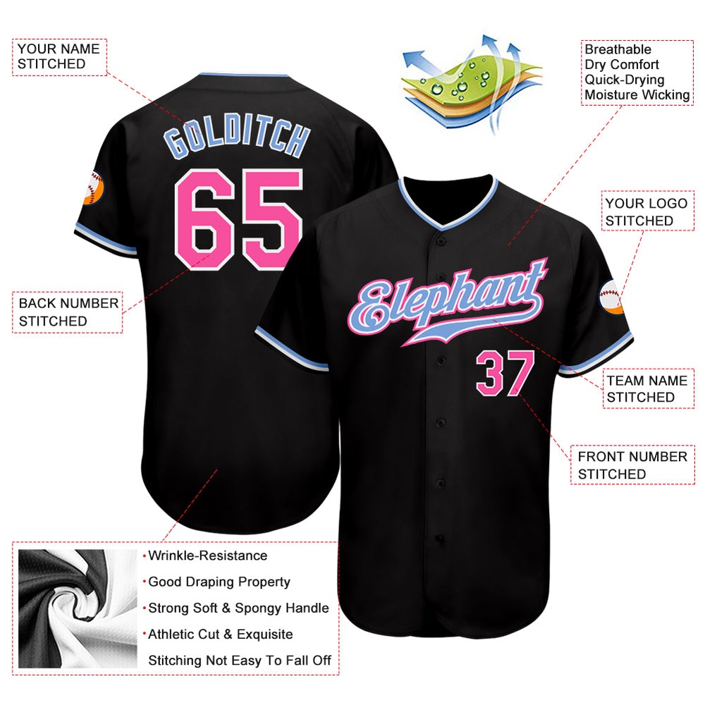 Black Pink-Light Blue Authentic Baseball Jersey, Custom Baseball Jersey, Personalized Sport Jersey
