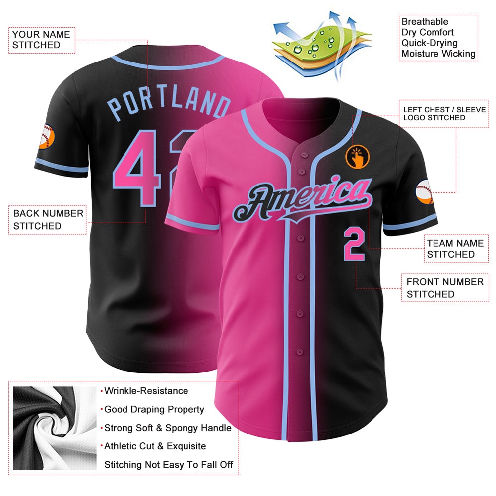 Black Pink-Light Blue Authentic Gradient Fashion Baseball Jersey, Custom Baseball Jersey, Personalized Sport Jersey Black Pink-Light Blue Authentic Gradient Fashion Baseball Jersey, Custom Baseball Jersey, Personalized Sport Jersey