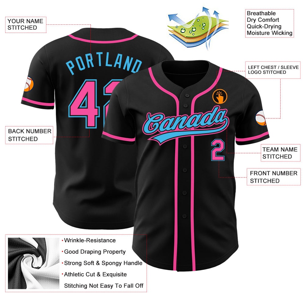 Black Pink-Sky Blue Authentic Baseball Jersey, Custom Baseball Jersey, Personalized Sport Jersey