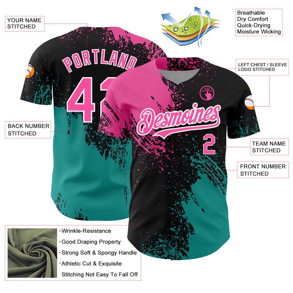 Black Pink-Teal 3D Pattern Design Abstract Brush Stroke Authentic Baseball Jersey, Custom Baseball Jersey, Personalized Sport Jersey