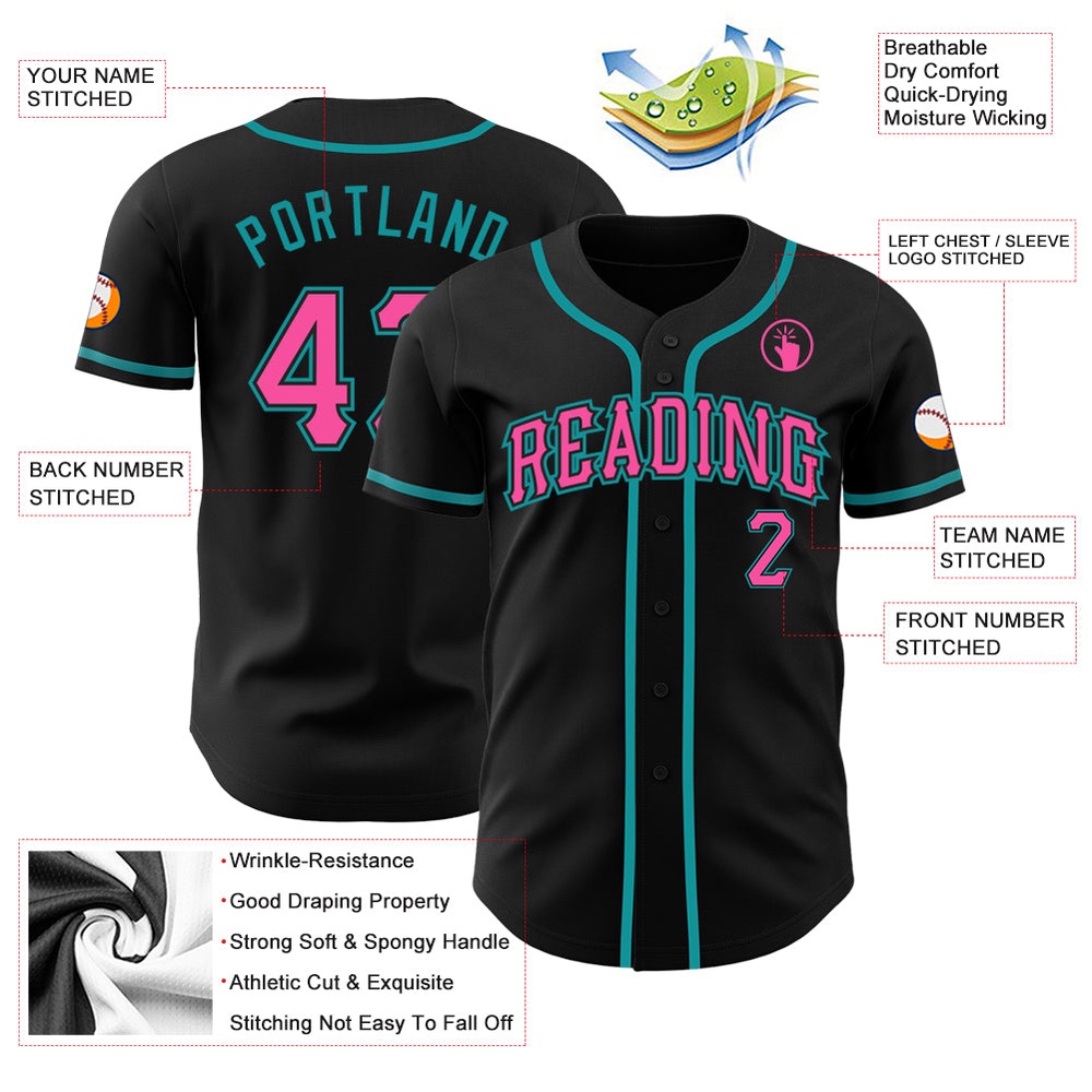 Black Pink-Teal Authentic Baseball Jersey, Custom Baseball Jersey, Personalized Sport Jersey
