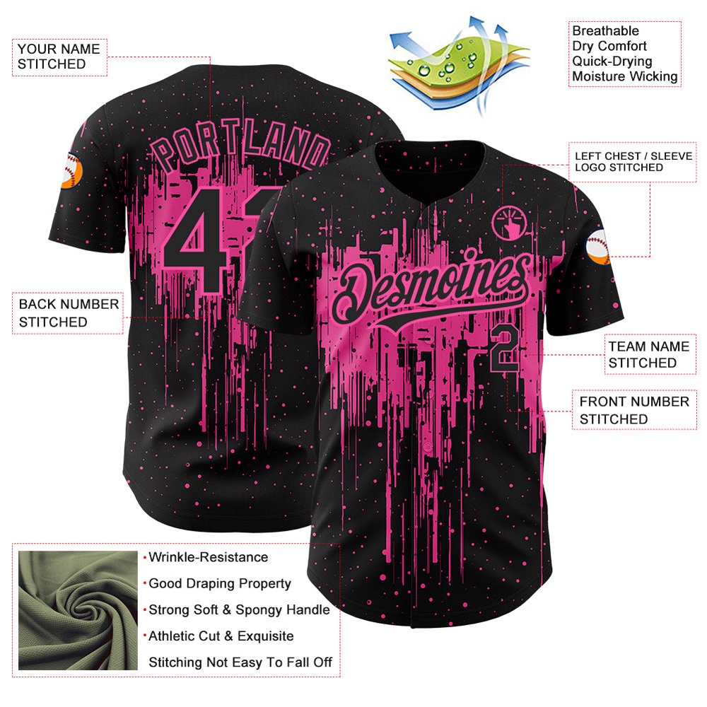 Black Pink 3D Pattern Design Dripping Splatter Art Authentic Baseball Jersey, Custom Baseball Jersey, Personalized Sport Jersey