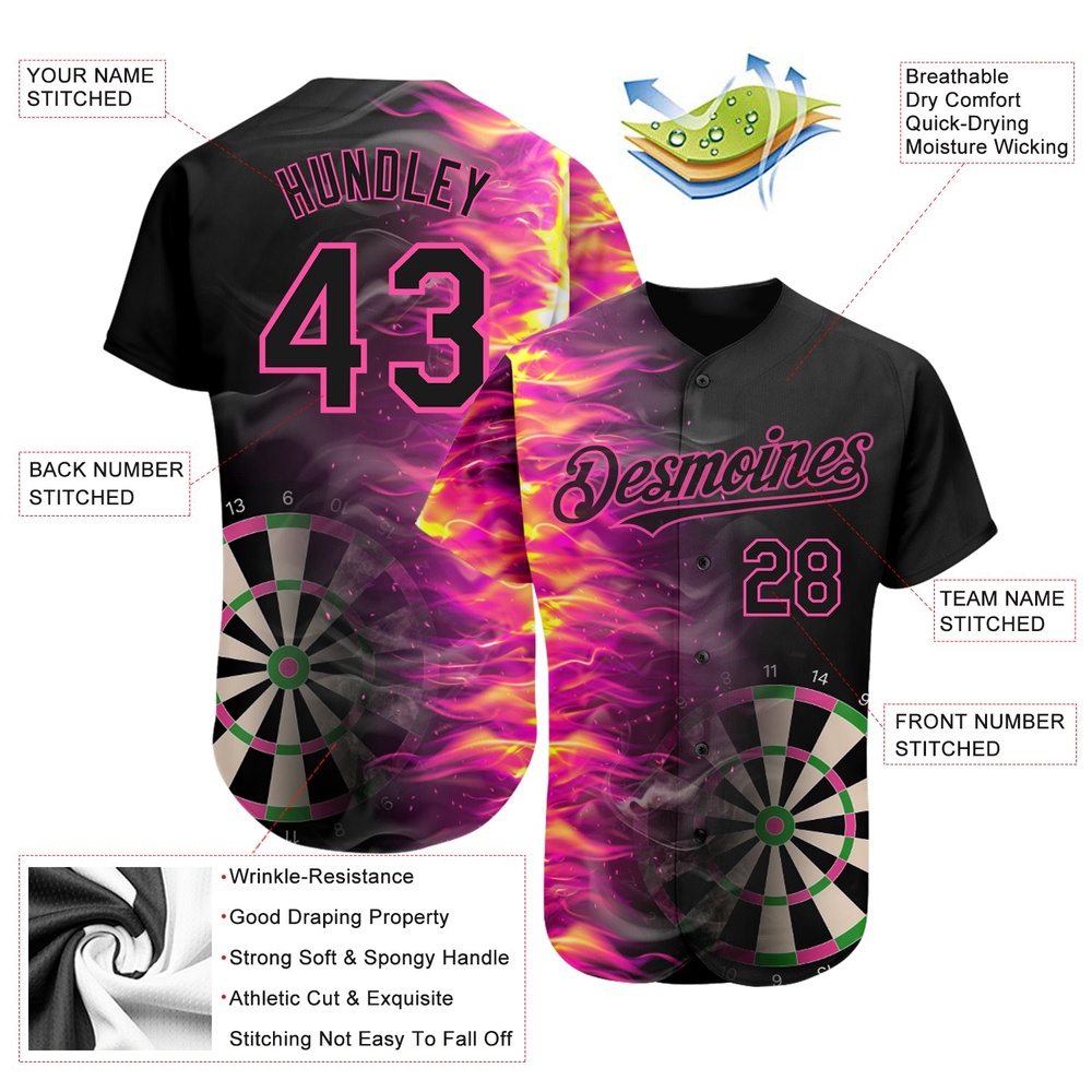 Black Pink 3D Pattern Design Fiery Dart Board Authentic Baseball Jersey, Custom Baseball Jersey, Personalized Sport Jersey Black Pink 3D Pattern Design Fiery Dart Board Authentic Baseball Jersey, Custom Baseball Jersey, Personalized Sport Jersey