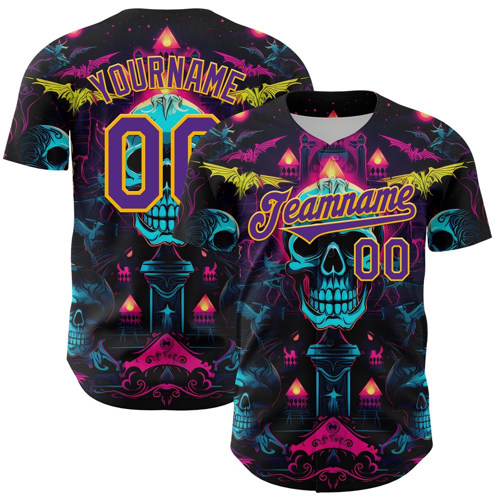 Black Purple-Gold 3D Pattern Design Rave Skull Authentic Baseball Jersey, Custom Baseball Jersey, Personalized Sport Jersey Black Purple-Gold 3D Pattern Design Rave Skull Authentic Baseball Jersey, Custom Baseball Jersey, Personalized Sport Jersey