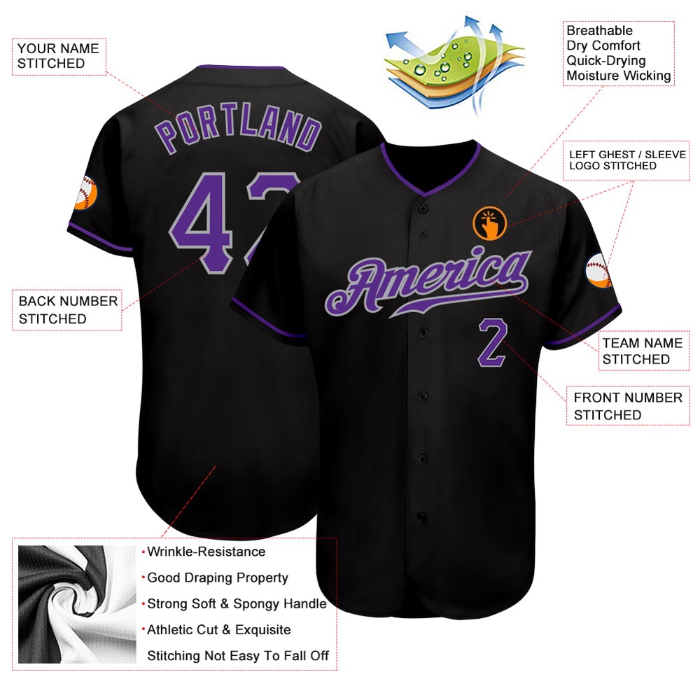 Black Purple-Gray Authentic Baseball Jersey, Custom Baseball Jersey, Personalized Sport Jersey