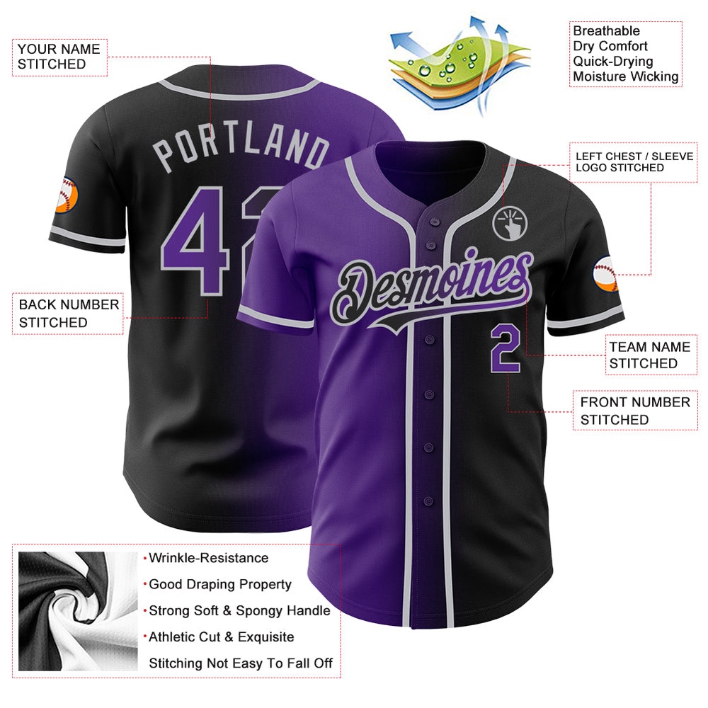 Black Purple-Gray Authentic Gradient Fashion Baseball Jersey, Custom Baseball Jersey, Personalized Sport Jersey