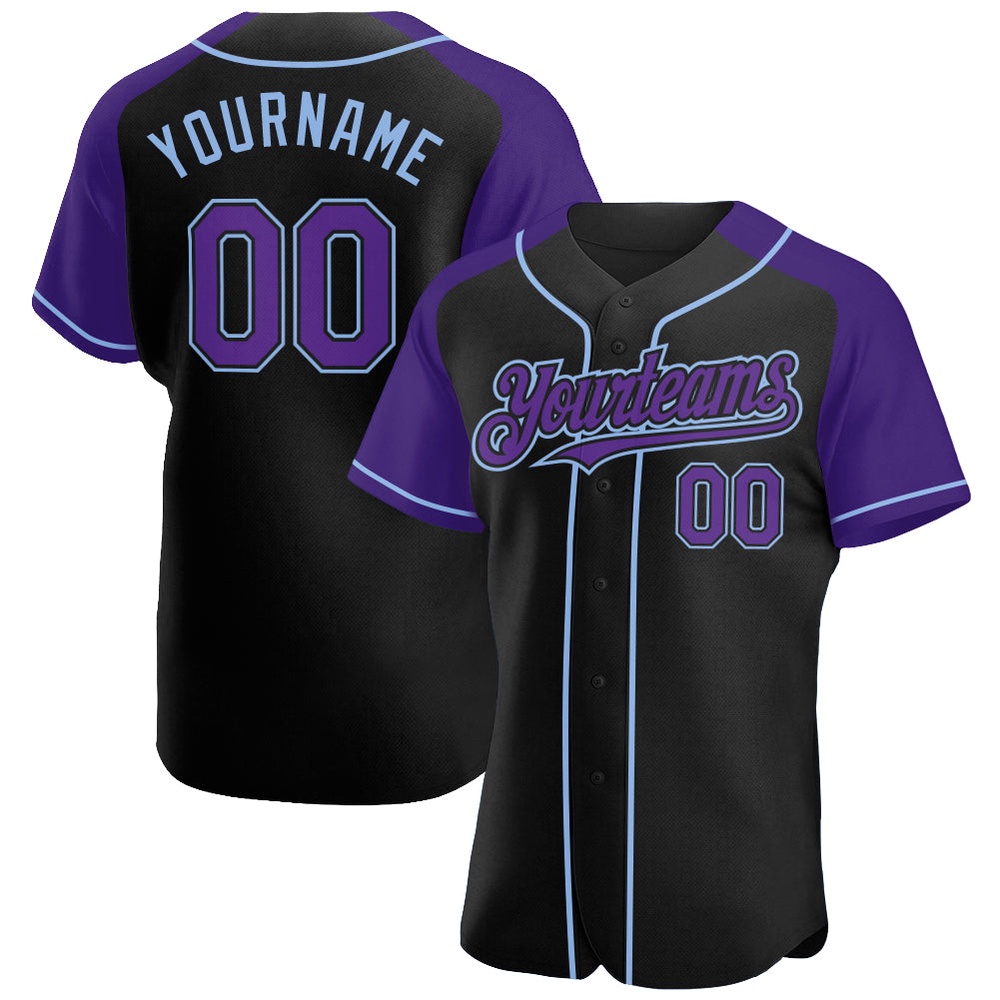 Black Purple-Light Blue Authentic Raglan Sleeves Baseball Jersey, Custom Baseball Jersey, Personalized Sport Jersey Black Purple-Light Blue Authentic Raglan Sleeves Baseball Jersey, Custom Baseball Jersey, Personalized Sport Jersey