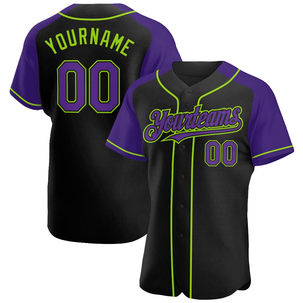 Black Purple-Neon Green Authentic Raglan Sleeves Baseball Jersey, Custom Baseball Jersey, Personalized Sport Jersey