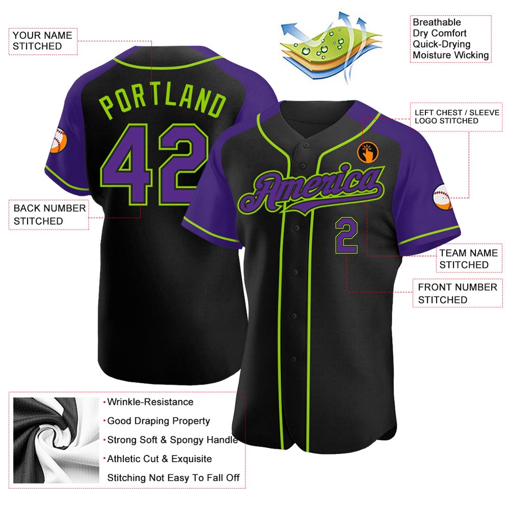Black Purple-Neon Green Authentic Raglan Sleeves Baseball Jersey, Custom Baseball Jersey, Personalized Sport Jersey
