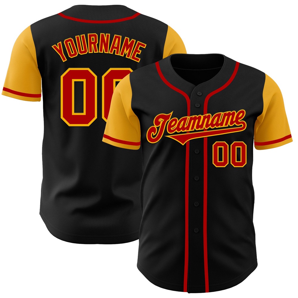 Black Red-Gold Authentic Two Tone Baseball Jersey, Custom Baseball Jersey, Personalized Sport Jersey