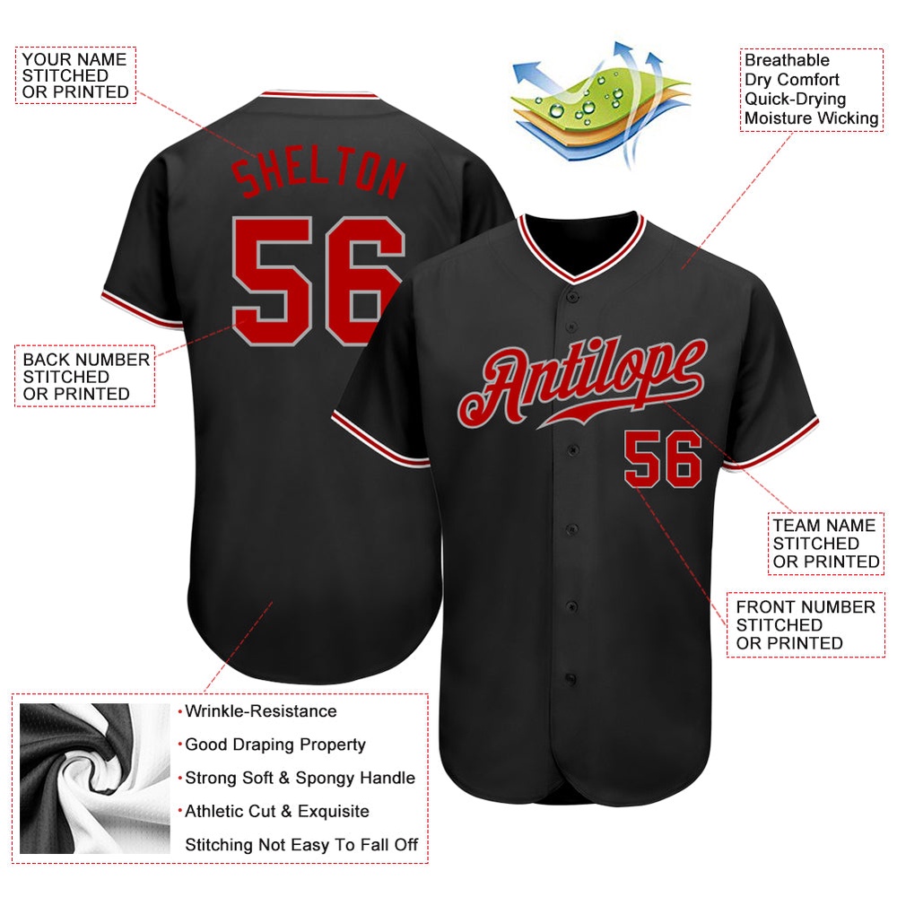 Black Red-Gray Authentic Baseball Jersey, Custom Baseball Jersey, Personalized Sport Jersey