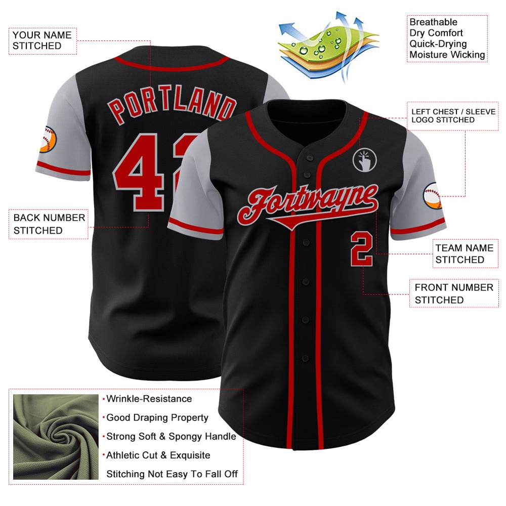 Black Red-Gray Authentic Two Tone Baseball Jersey, Custom Baseball Jersey, Personalized Sport Jersey