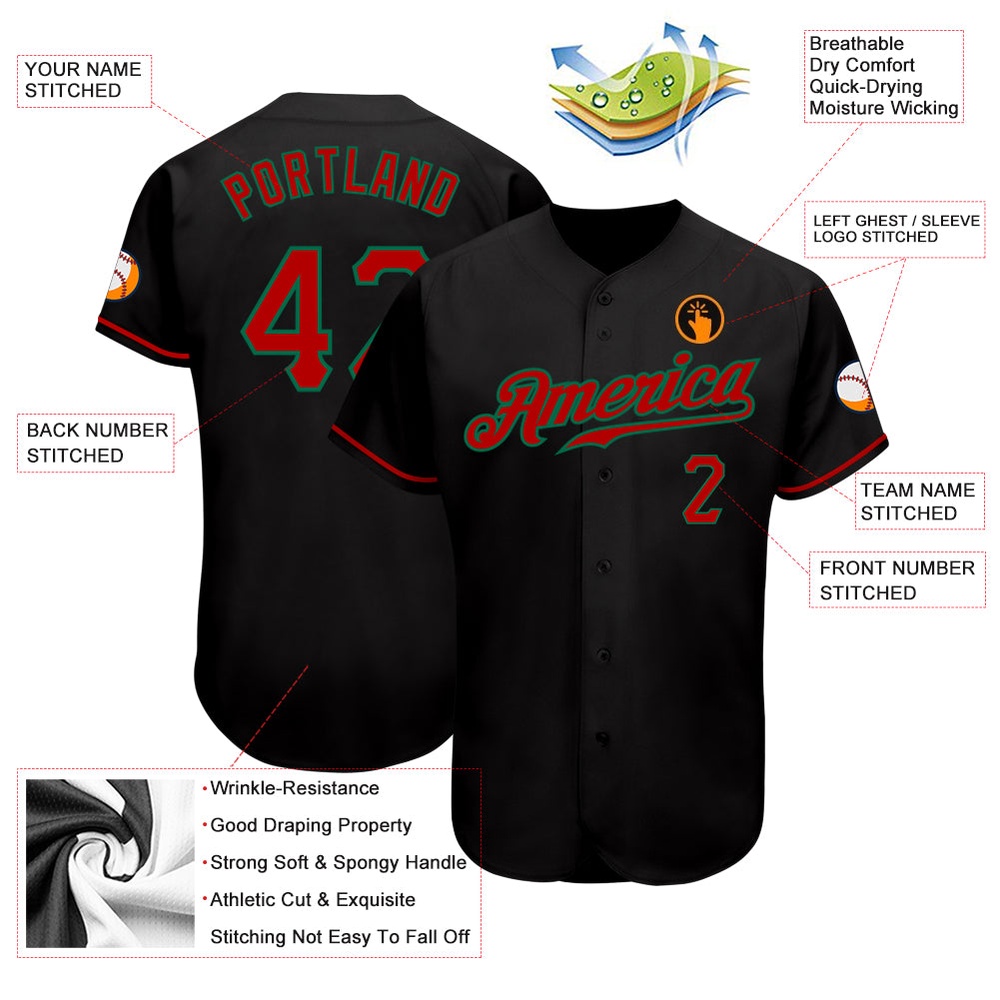 Black Red-Kelly Green Authentic Baseball Jersey, Custom Baseball Jersey, Personalized Sport Jersey