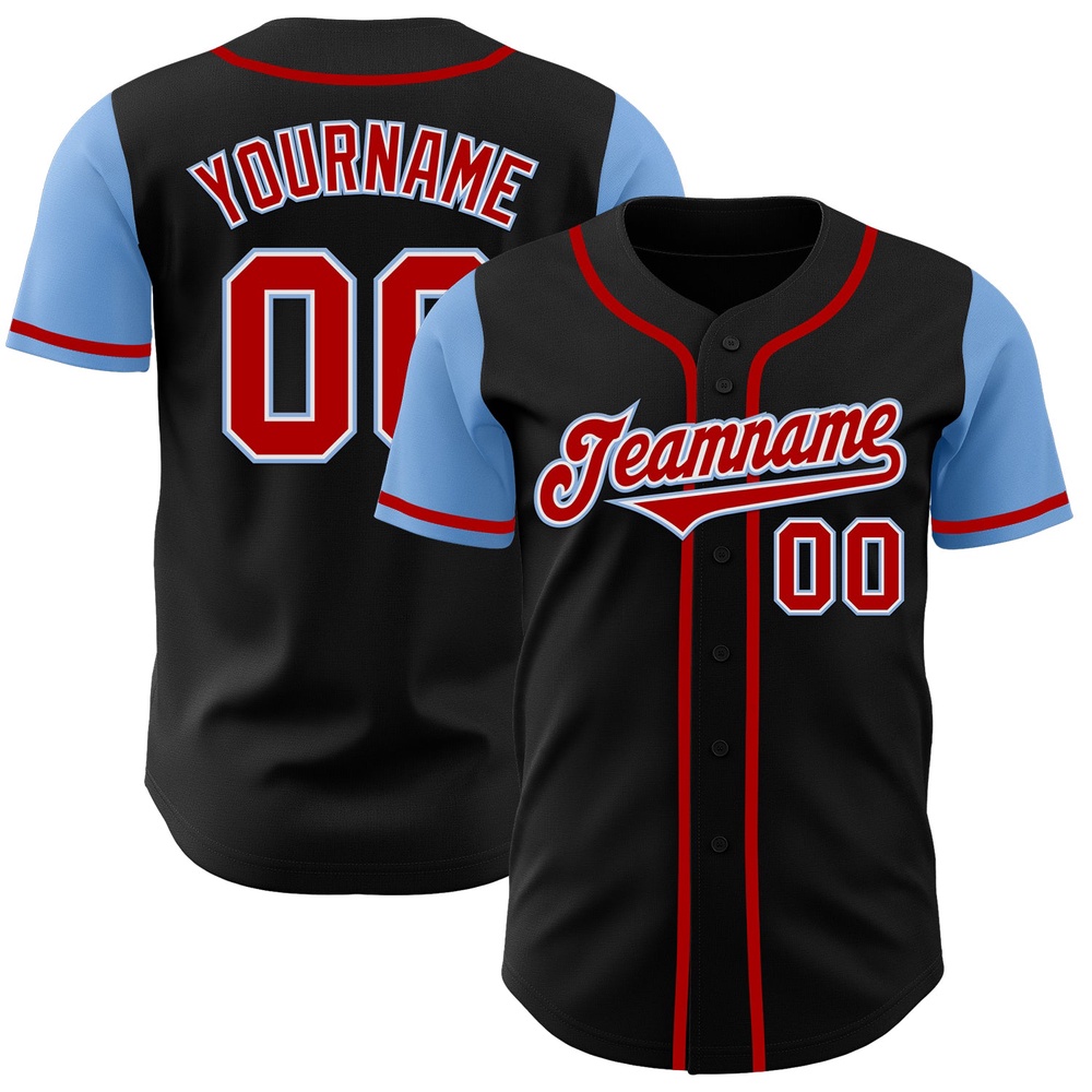 Black Red-Light Blue Authentic Two Tone Baseball Jersey, Custom Baseball Jersey, Personalized Sport Jersey