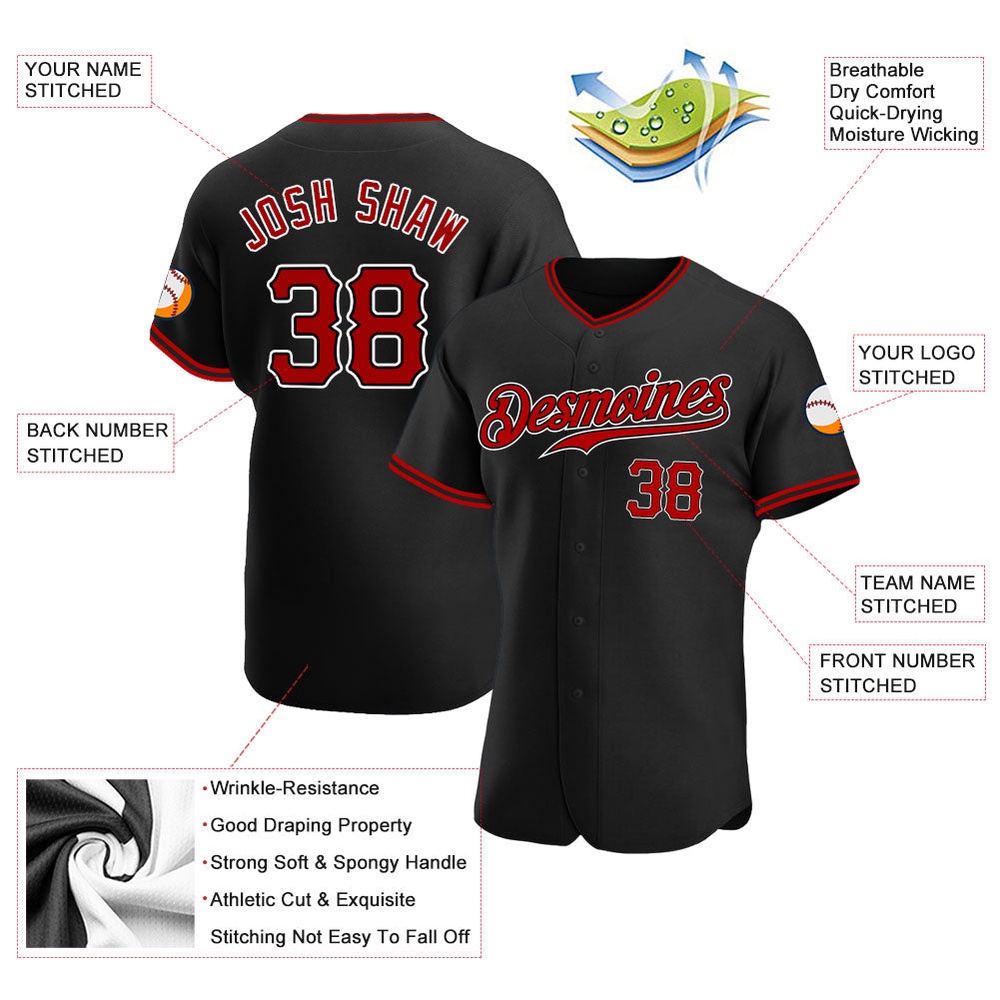 Black Red-White Authentic Baseball Jersey, Custom Baseball Jersey, Personalized Sport Jersey
