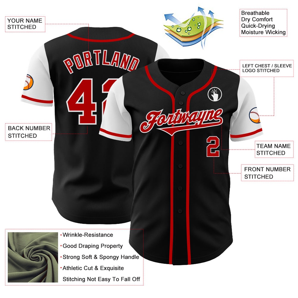 Black Red-White Authentic Two Tone Baseball Jersey, Custom Baseball Jersey, Personalized Sport Jersey