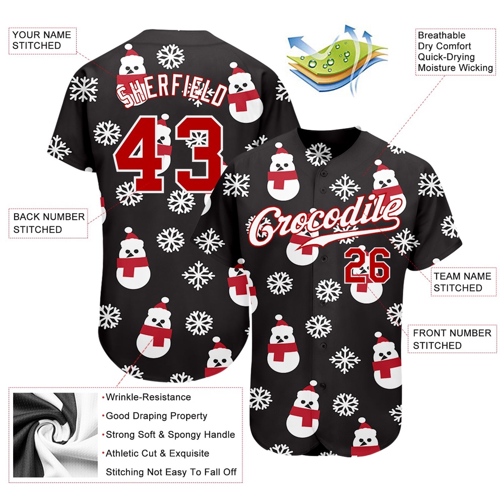 Black Red-White Christmas 3D Authentic Baseball Jersey, Custom Baseball Jersey, Personalized Sport Jersey