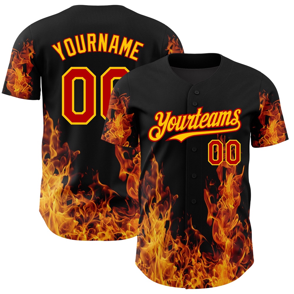 Black Red-Yellow 3D Pattern Design Flame Authentic Baseball Jersey, Custom Baseball Jersey, Personalized Sport Jersey