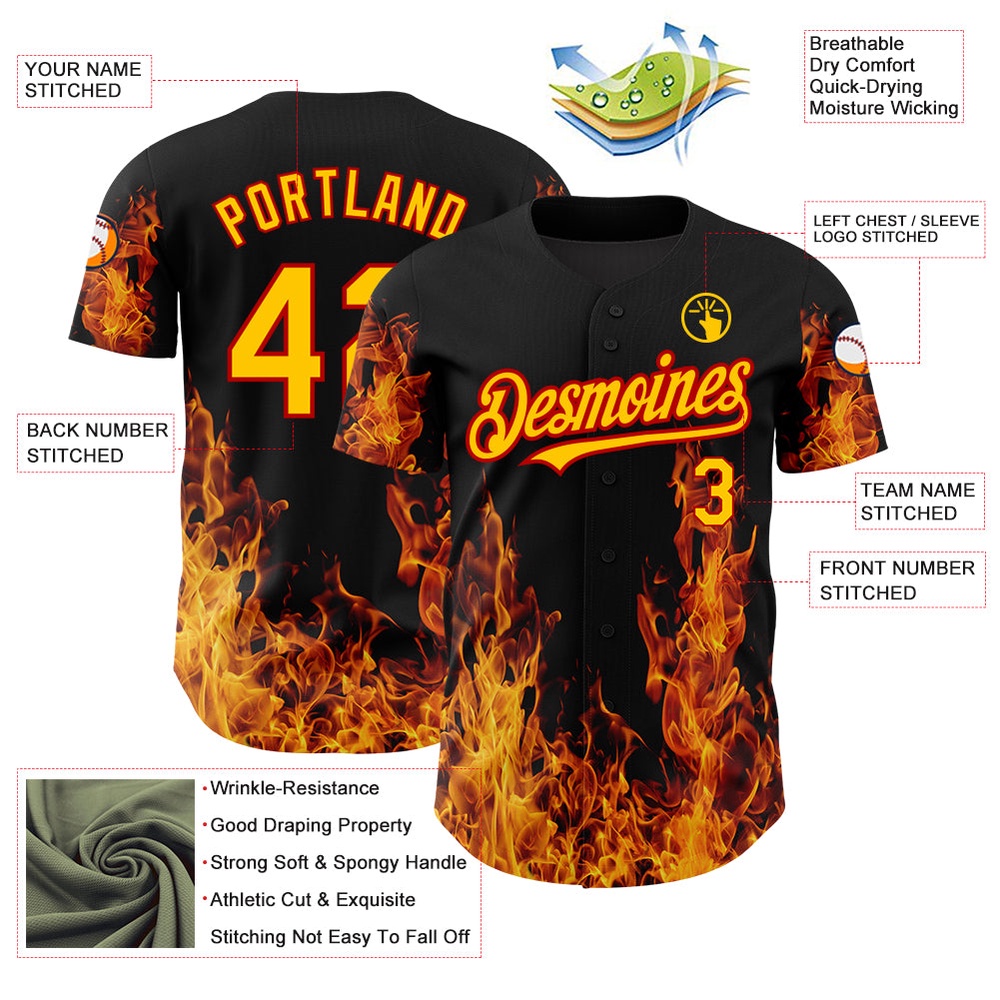 Black Red-Yellow 3D Pattern Design Flame Authentic Baseball Jersey, Custom Baseball Jersey, Personalized Sport Jersey