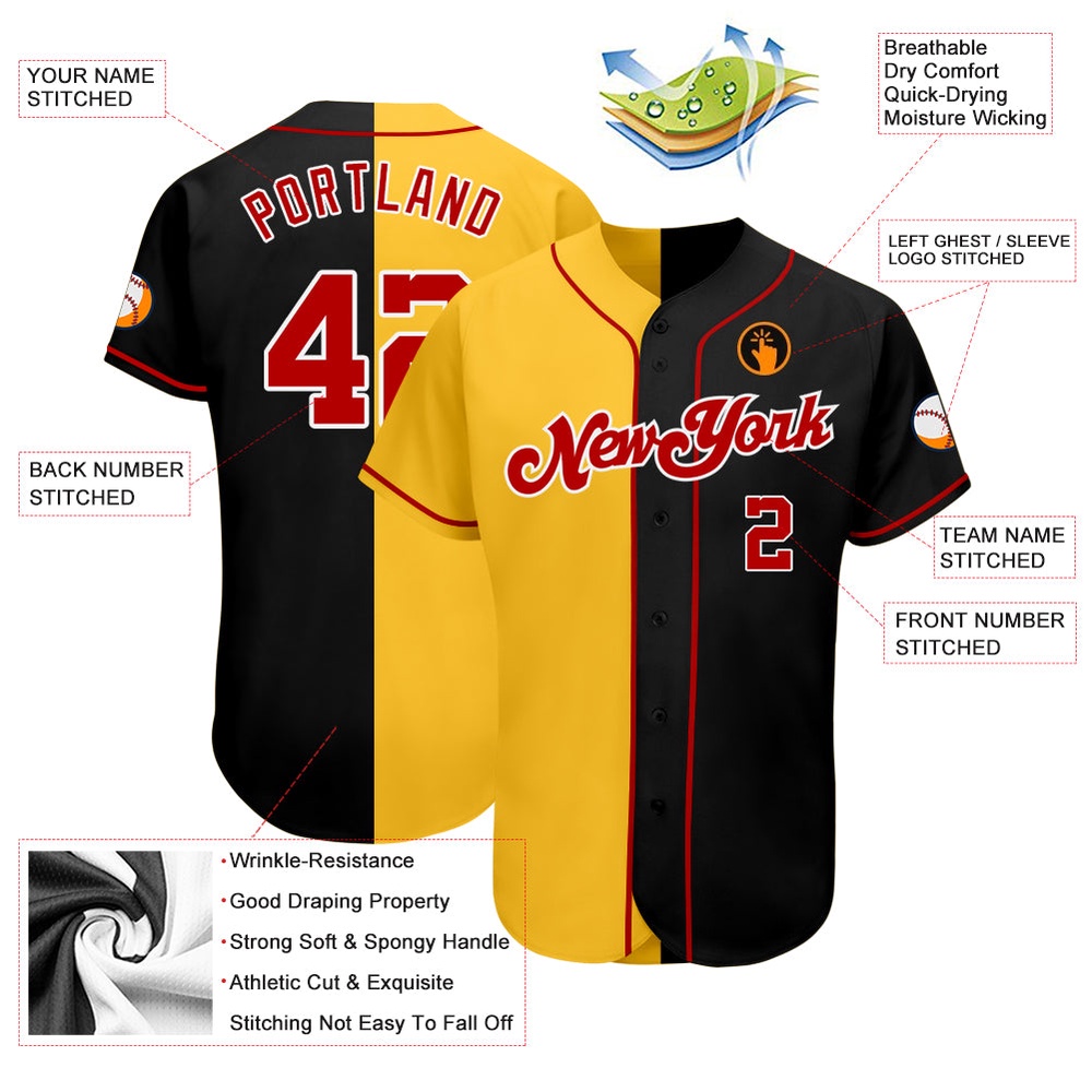 Black Red-Yellow Authentic Split Fashion Baseball Jersey, Custom Baseball Jersey, Personalized Sport Jersey