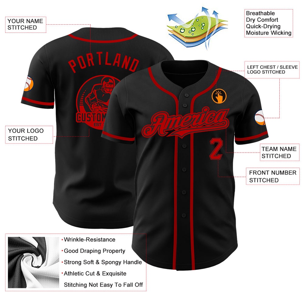 Black Red Authentic Baseball Jersey, Custom Baseball Jersey, Personalized Sport Jersey