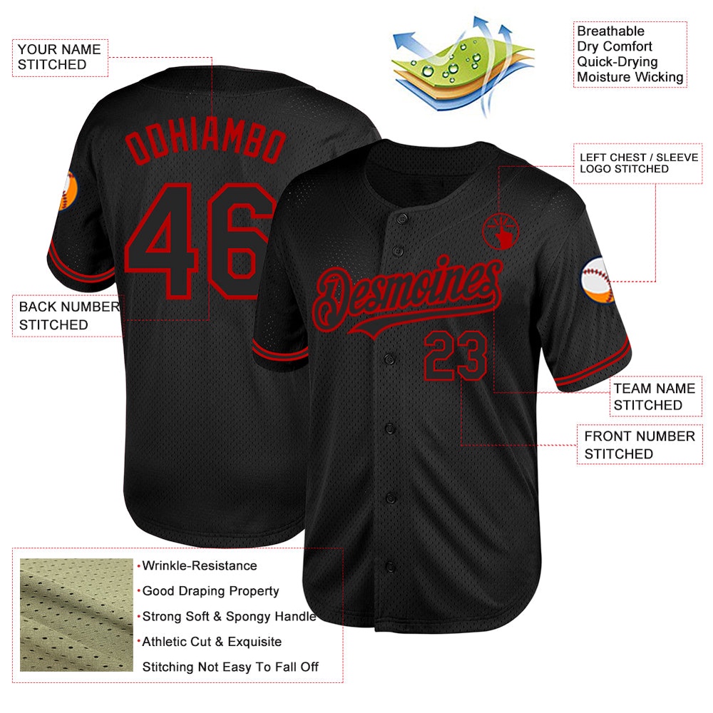 Black Red Mesh Authentic Throwback Baseball Jersey, Custom Baseball Jersey, Personalized Sport Jersey Black Red Mesh Authentic Throwback Baseball Jersey, Custom Baseball Jersey, Personalized Sport Jersey