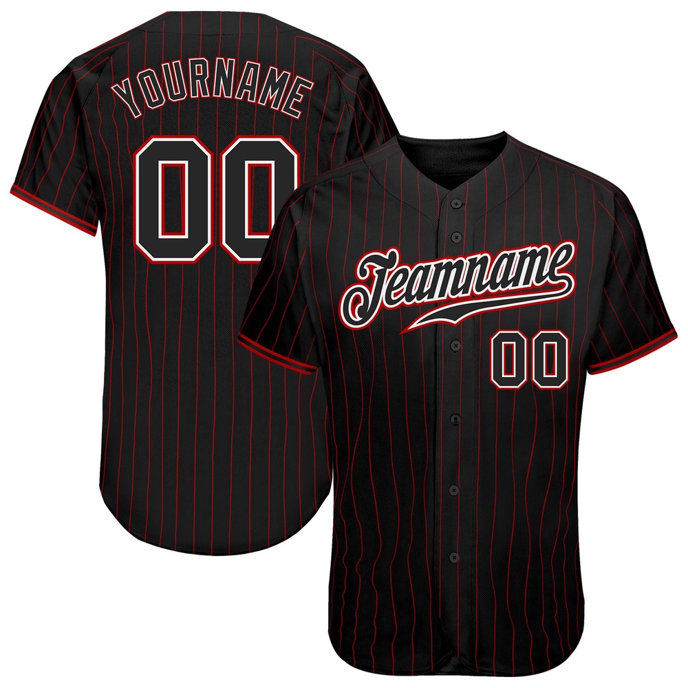 Black Red Pinstripe Black-White Authentic Baseball Jersey, Custom Baseball Jersey, Personalized Sport Jersey